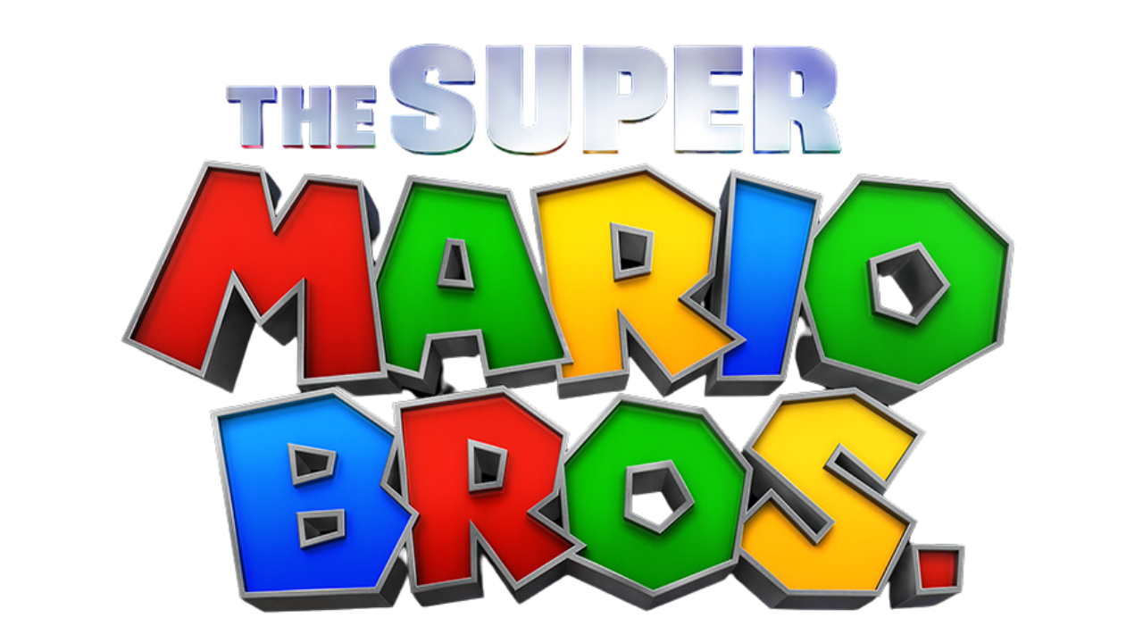 Imagem da logo usada no filme do mario, a logo é composta somente por texto que alterna entre as cores vermelho, verde, amarelo e azul o texto que esta escrito é The Super Mario Bros.